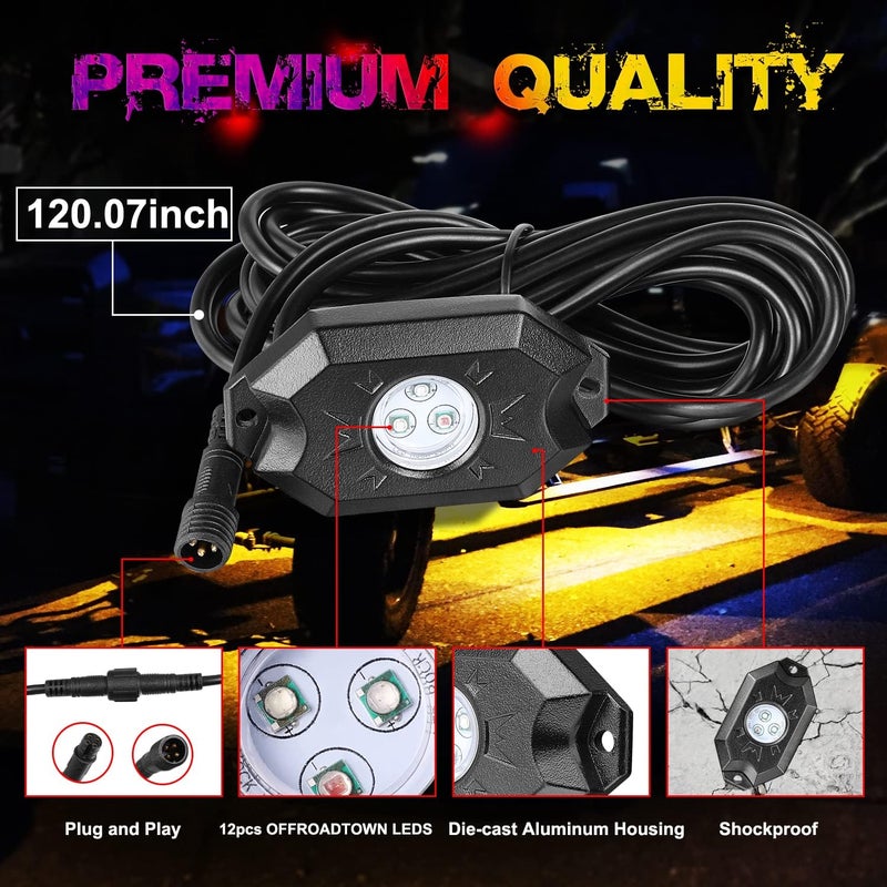 OFFROADTOWN مجموعة أضواء الصخور LED RGB OFFROADTOWN 4 بودات ضوء تحت السيارة مع تحكم عبر تطبيق بلوتوث لسيارات UTV و ATV و Polaris و Can-Am و Yamaha و Honda و Kawasaki و القوارب والدراجات النارية - Image 4